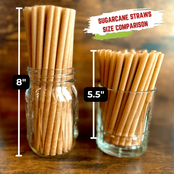 Size comparison 8" standard vs 5.5" cocktail, sugarcane straws