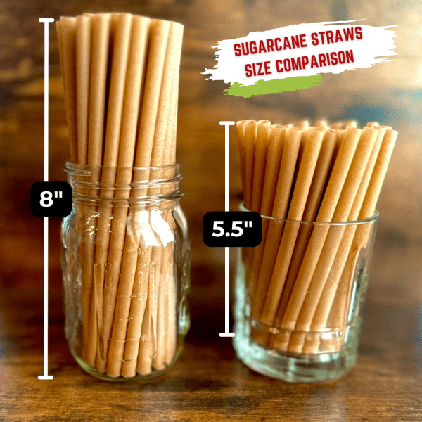 Size comparison 8" standard vs 5.5" cocktail, sugarcane straws