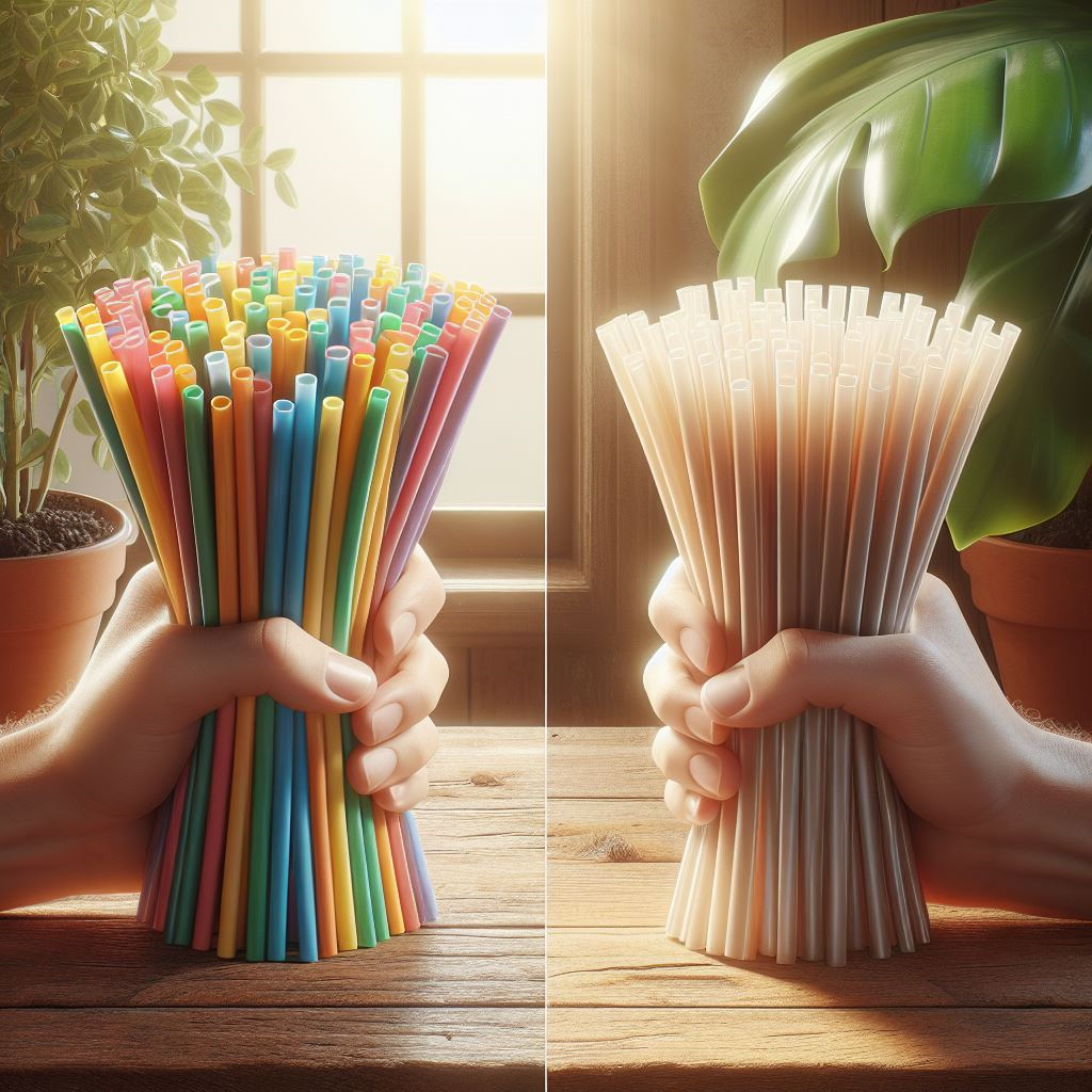 image showcasing a hand holding a bunch of colorful compostable straws (sugarcane and coffee grounds) alongside a hand holding a similar number of opaque biodegradable straws (made from plant starches)