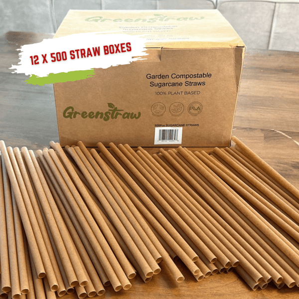 10-inch sugarcane straws spread over a table in front of its box